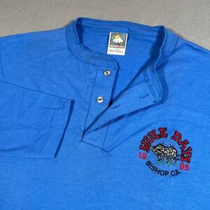VTG Mule Days Bishop CA Long Sleeve Henley Shirt L Blue 1995 Anvil Single Stitch